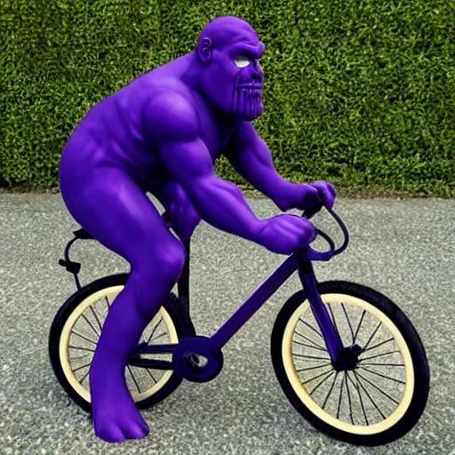Prompt: thanos riding a bike with training wheels, sunny day,