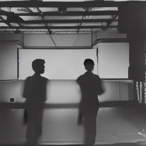Prompt: There are two young male shadowy figures on a stage, motion blur, polaroid picture, black-and-white, 35mm