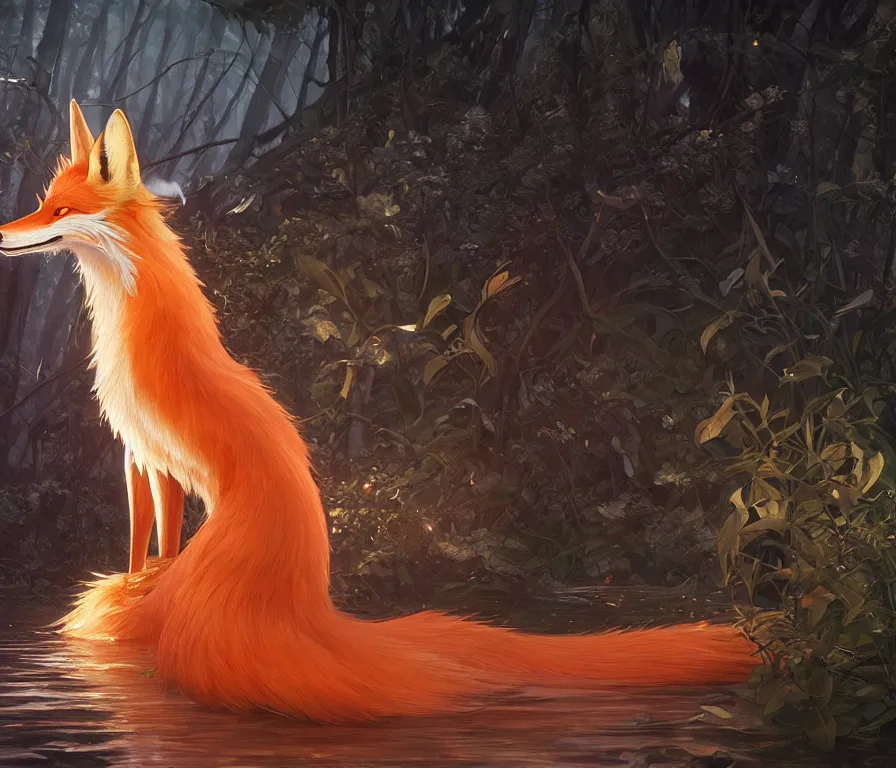 Prompt: three - tailed fox, realistic, canon eos, 4 5 mm bokeh, extremely detailed, unreal engine 5, rtx reflections, concept art by artgerm, greg rutkowski, alphonse mucha