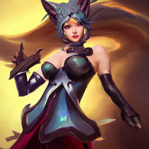 Prompt: greg manchess portrait painting of partially armored ahri from league of legends as overwatch character, medium shot, asymmetrical, profile picture, organic painting, sunny day, matte painting, bold shapes, hard edges, street art, trending on artstation, by huang guangjian, gil elvgren, ruan jia, randy vargas, greg rutkowski