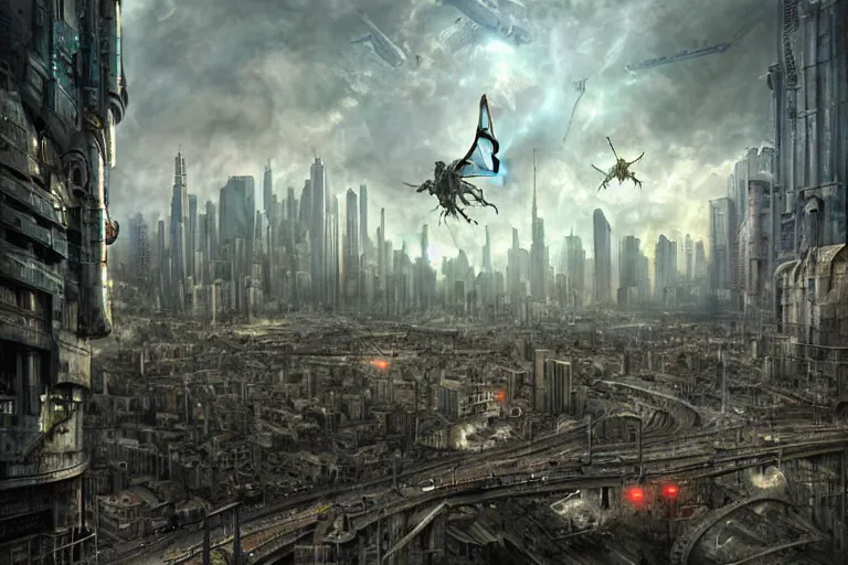 Image similar to hdr rugged futuristic cityscape infested by flying cyber dragons and other robots, matte painting by andrea kowch, detailed realistic