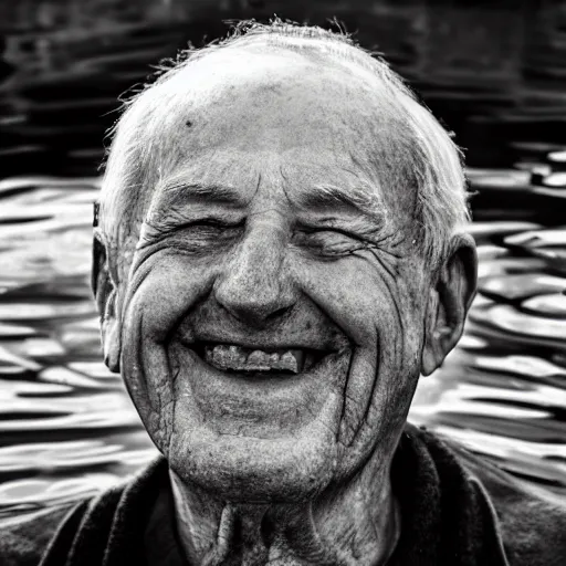 Prompt: a smiling old man seen through water