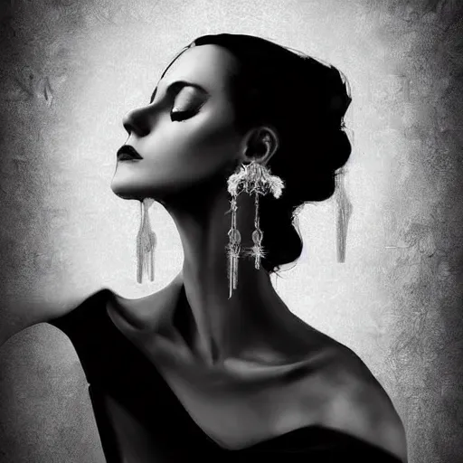 Prompt: digital art painting portrait of elegant gothic lady with earrings, black and white, hard edges, high quality, textured, by caestrad, cell shading, dark background, mystic, goddess, perfect lighting, high contrast, arstation, artgerm, wlop, 4 k