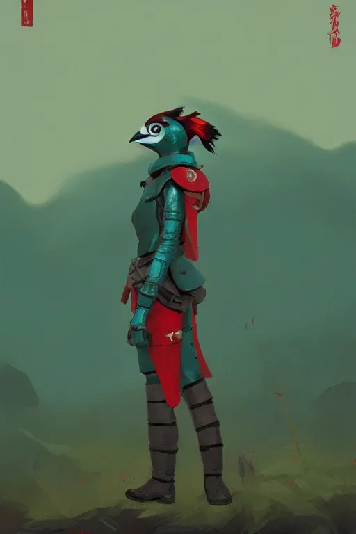 Image similar to female adventurer in tight full - body teal leather armor of japanese design with red accents and a white porcelain crow mask, trending in artstation, japanese, by simon stalenhag, establishing shot