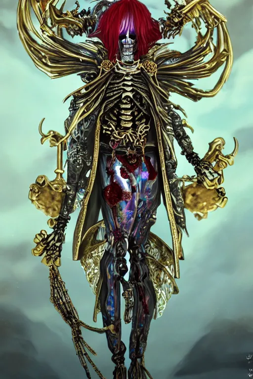 Image similar to androgyne lich skeleton made of iridescent metals and shiny gems covered with blood, long red hair, golden necklace, skeleton inspired by ross tran and wlop and masamune shirow, ultra realistic, concept art, intricate details, highly detailed, photorealistic, octane render, 8 k, unreal engine. dnd art by artgerm and greg rutkowski and alphonse mucha