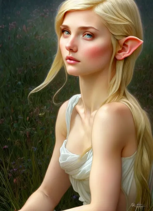 Image similar to perfectly feminine face!! full body portrait of young elf fairy blessed by nature with ever - increasing physical mental perfection, blonde, symmetrical! intricate, sensual features, highly detailed, biblical divine holy perfection!! digital painting, artstation, concept art, smooth, sharp focus, illustration, art by artgerm and greg rutkowski and alphonse mucha