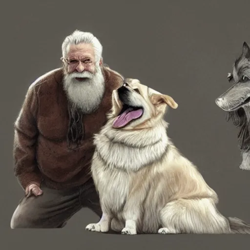 Prompt: portrait of a old, ruggedly handsome bearded man next to a corgi dog, soft hair, muscular, half body, cloth, d & d, fantasy, intricate, elegant, highly detailed, digital painting, artstation, concept art, smooth, sharp focus, illustration, art by artgerm and greg rutkowski and alphonse mucha