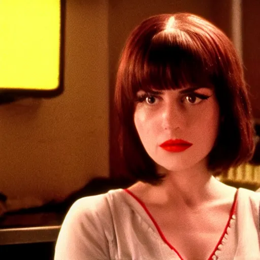 Prompt: Live Action Still of Rosalia in Pulp Fiction, real life, hyperrealistic, ultra realistic, realistic, highly detailed, HD quality, 8k resolution, film still