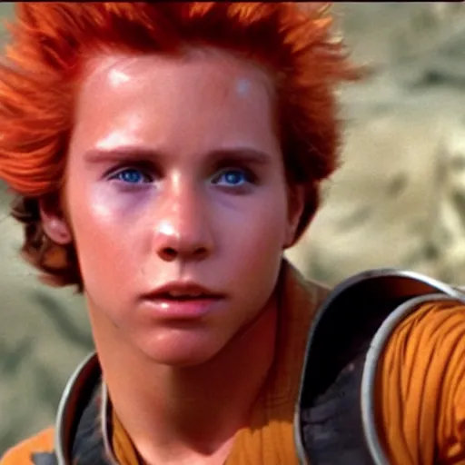 Image similar to a still of a boy with firey hair in star wars 1 9 7 7, realistic, photorealistic, detailed,