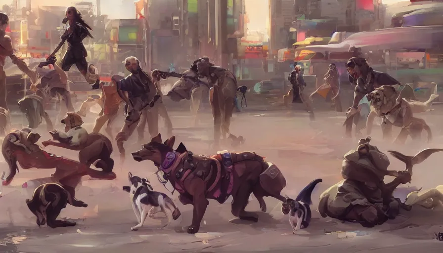 Image similar to a group of lawbreaking dogs trying to appear funny, cyberpunk art by yumihiko amano, jesper ejsing, by rhads, makoto shinkai and lois van baarle, ilya kuvshinov, cgsociety, figurative art, toonami, zbrush, official art