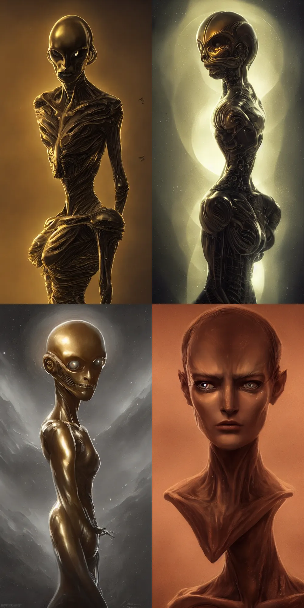 Prompt: realistic character concept, alien of alpha centauri, elegant pose, scifi, illustration, slender symmetrical face and body, artstation, cinematic lighting, hyperdetailed, cgsociety, 8 k, high resolution, charlie bowater, tom bagshaw, single face, insanely detailed and intricate, beautiful, elegant, golden ratio, dark fractal background, vfx, postprocessing