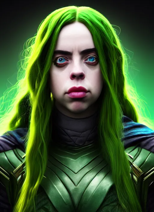 Image similar to Billie Eilish as Female Loki, Goddess of Mischief, sci fi, elegant, olive skin color, hyper realistic, hyper detail, very detailed, digital art, trending on artstation, smooth render, 8k octane render,