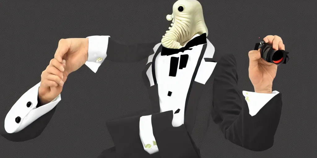 Image similar to A photorealistic C'thulhu dressed in a tuxedo