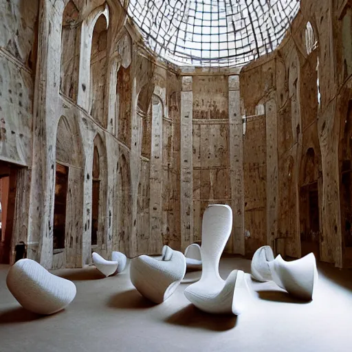 Prompt: giant Italian modern castle living room, clean minimalist design, that is 1300 feet tall, with very tall giant walls, a series of 8 feet tall modern sculptures by John Chamberlain, Ken Kelleher and Tony Cragg, photo by Annie Leibovitz