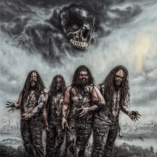 Prompt: The heaviest metal band ever. pure evil, hell, matte oil painting, highly detailed, astonishing detail