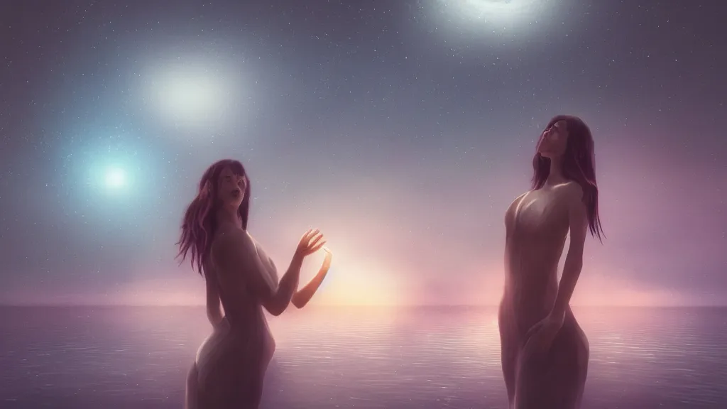 Image similar to whimsical, a single beautiful playful woman, standing in a lake, under the stars, with a binary black hole with a ring in the sky, by Lois van Baarle, by Greg Rutkowski, by Ilya Kuvsninov, cinematic angle, face enhance, volumetric lighting, cinematic lighting, digital art, 4k resolution, octane render, trending on artstation, masterpiece