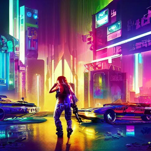 Prompt: rainbow hamster in the style of cyberpunk 2 0 7 7, 8 k, hd, light reflection