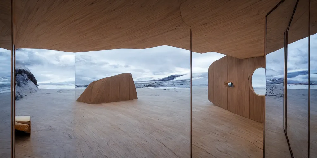 Image similar to futuristic architect house made from deconstucted ash wood and mirrors, floating, portal, iceland landscape photography, by lurie belegurschi and gunnar freyr