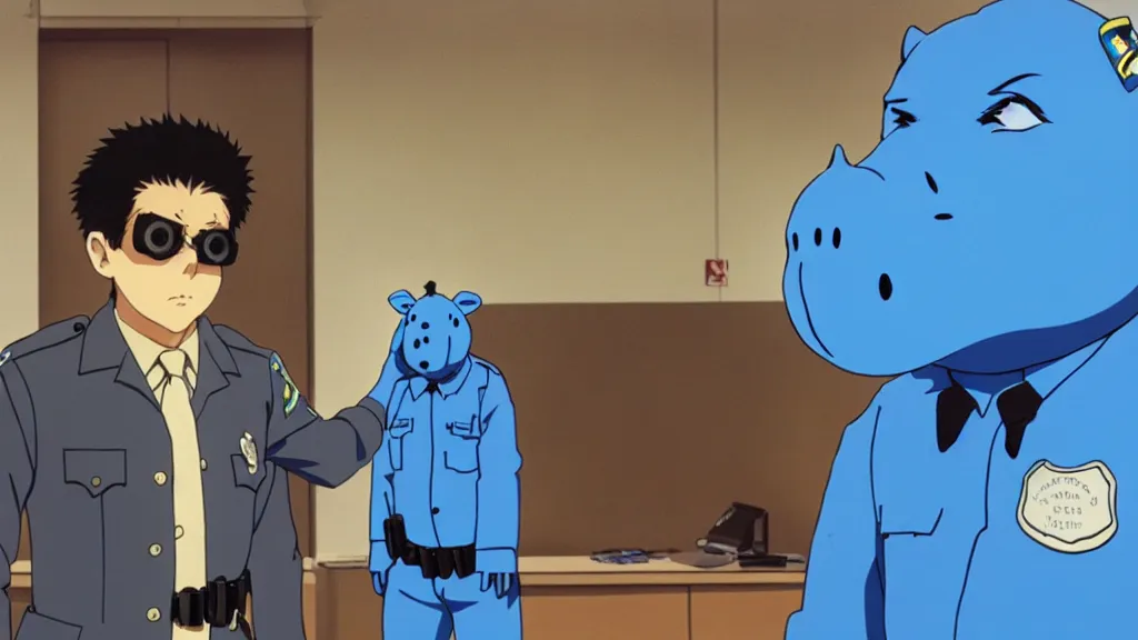 Image similar to a cop wearing a blue hippo mask standing in a police station, anime film still from the an anime directed by Katsuhiro Otomo with art direction by Salvador Dalí, wide lens