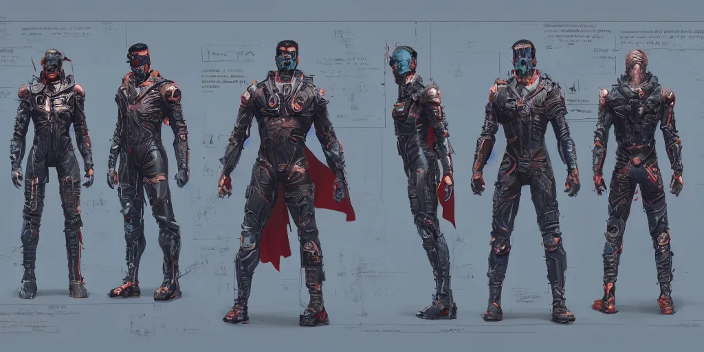 Image similar to cyberpunk superman, character sheet, concept design, contrast, kim jung gi, greg rutkowski, zabrocki, karlkka, jayison devadas, trending on artstation, 8 k, ultra wide angle, pincushion lens effect