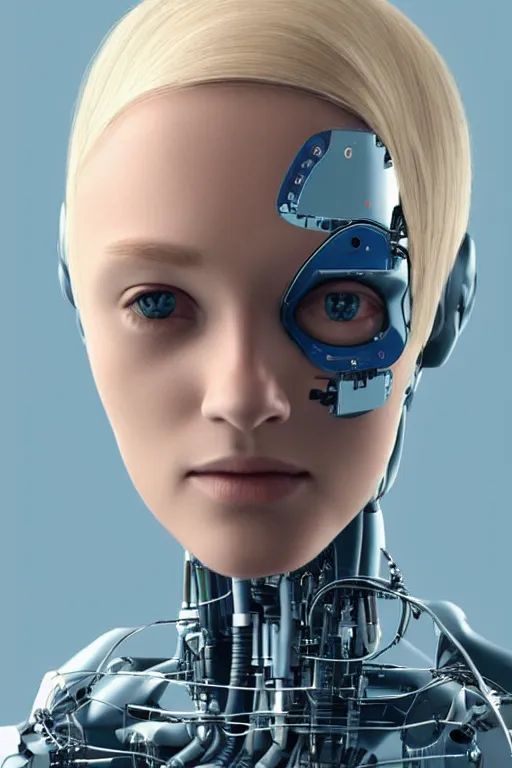 Image similar to robot with human face, female head, full body angle, woman human face, human face realistic, beautiful blonde hair, human head, human head with blonde hair, blonde hair human head, blonde hair, human realistic face, human head skin, cyborg frame concept, cyborg by ales-kotnik, sci-fi android female, the body is made of wires, robotic body, cyborg body, cyborg bust body, robot body cyborg, full body