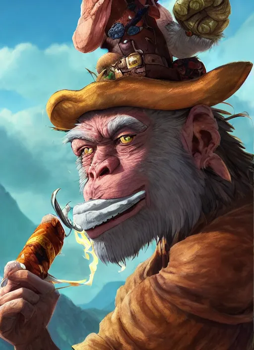 Image similar to studio ghibli pathfinder 2 e bestiary digital illustration of a goblin mixed with a monkey smoking a cigar, pirate themed, character portrait, unreal engine, hyper realism, realistic shading, cinematic composition, realistic render, octane render, detailed textures, studio lighting, photorealistic, wide shot