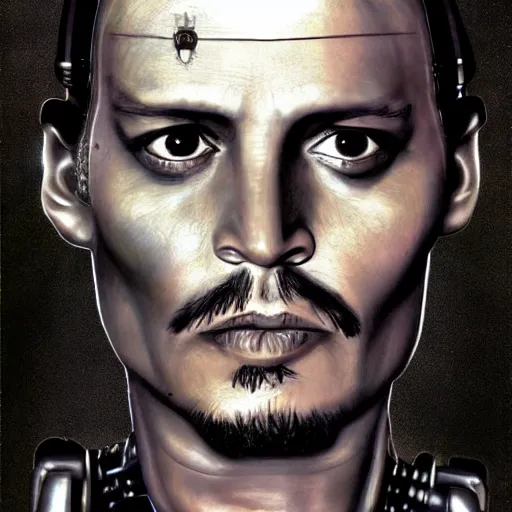 Image similar to johnny depp as a borg drone, tng, star trek, the borg, cybernetic implant, borg collective, hd, full length portrait, photorealistic