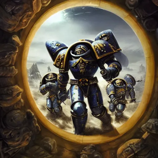 Image similar to historical photo of Warhammer 40k space marines emerging from a Stargate, hyper real, extremely detailed, 4K