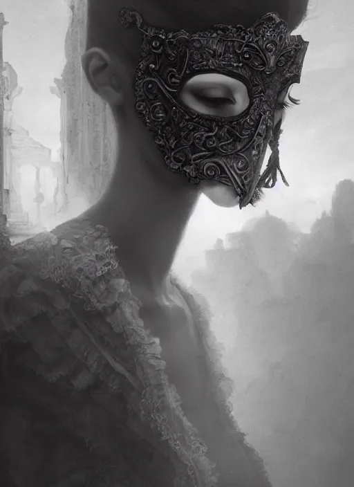 Image similar to close up of a veiled half scull mask girl on the ruins temple, looking at the camera very curiously, fingers on lips, smog on the floor, extremely beautiful and aesthetic and attractive and cute detailed face and body, intricate, chiaroscuro, model pose, fantasy illustrations, vogue cover, by makoto shinkai and jeremy lipking and ferdinand knab