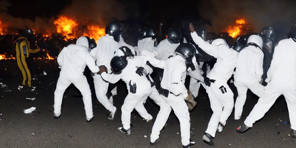 Image similar to photo of young men wearing white tracksuits fighting cops in a riot with burning cars at night, close shot, editorial photography