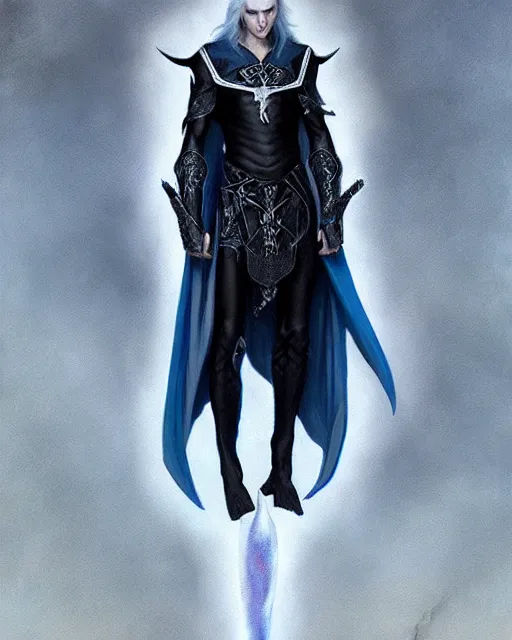 Image similar to character portrait of a slender young half white haired elven man with piercing blue eyes and pale bluish skin, wearing sleek pearlescent black wraithbone armor, by greg rutkowski and mark brookes and jim burns and tom bagshaw and magali villeneuve, trending on artstation