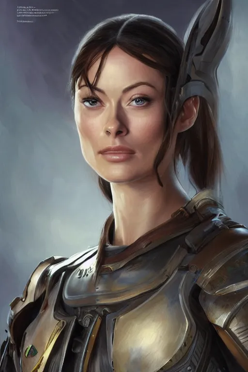 Image similar to a professional painting of a young Olivia Wilde, clothes in military armor, olive skin, long dark hair, beautiful bone structure, symmetrical facial features, intricate, elegant, digital painting, concept art, smooth, sharp focus, illustration, from StarCraft by Ruan Jia and Mandy Jurgens and Artgerm and William-Adolphe Bouguerea