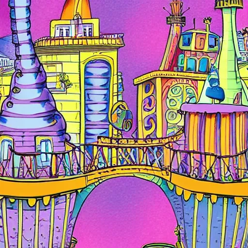 Image similar to fanciful city filled with curvy buildings, by dr seuss, oh the places you'll go, arches, platforms, towers, bridges, stairs, colorful illustration, flat colors