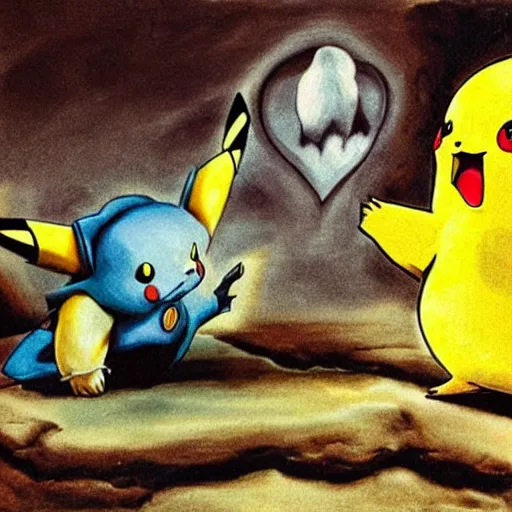 Prompt: pikachu fighting unknown in the style of salvador dali the persistence of time,