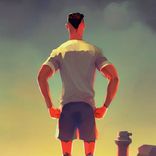 Prompt: cristiano ronaldo, short shorts, shirt tucked in, basic background, symmetrical, single person, style of by jordan grimmer and greg rutkowski, crisp lines and color,