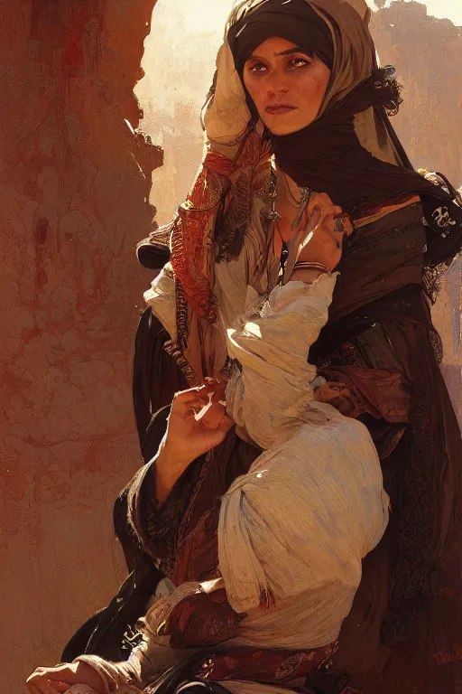 Image similar to A full portrait of an ancient Bedouin traveling spice merchant intricate, elegant, highly detailed, digital painting, artstation, concept art, smooth, sharp focus, illustration, art by Krenz Cushart and Artem Demura and alphonse mucha