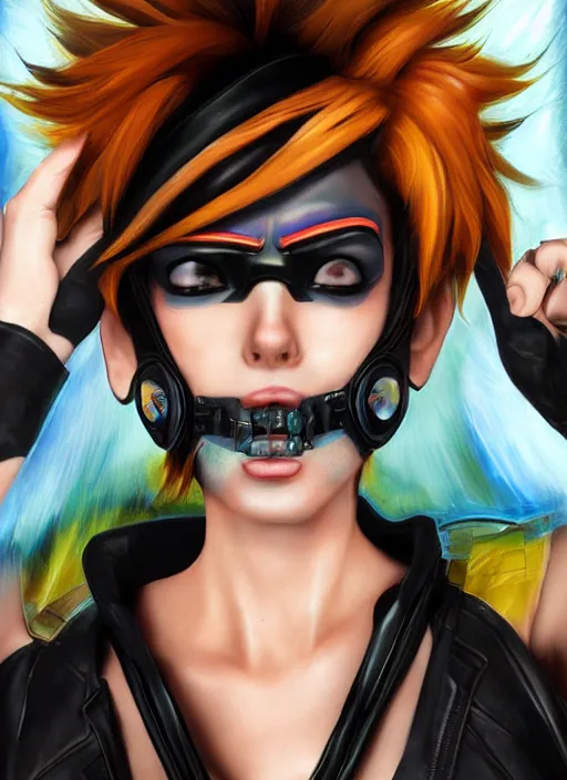 Image similar to portrait bust digital artwork of tracer overwatch, wearing black iridescent rainbow latex tank top, 4 k, expressive happy smug expression, makeup, in style of mark arian, angel wings, wearing detailed black leather collar, chains, black leather harness, detailed face and eyes,