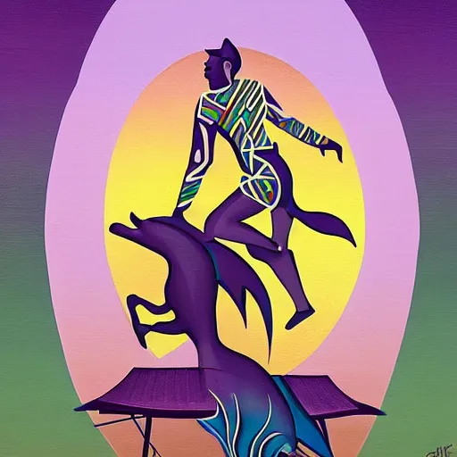 Prompt: a beautiful painting of a regal african cowboy, riding a dolphin over a design in front of a pale lavender sunrise, dawn, predawn, golden light, art deco!, art nouveau, silhouette, no crop