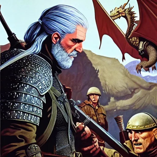 Prompt: geralt of rivia examines a sleeping dragon detailed american wwii propaganda poster by james gurney and pixar