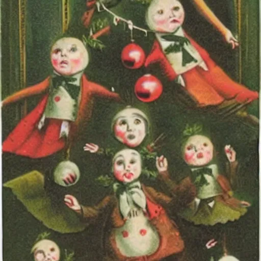 Prompt: a breathtakingly weird bizarre victorian christmas card