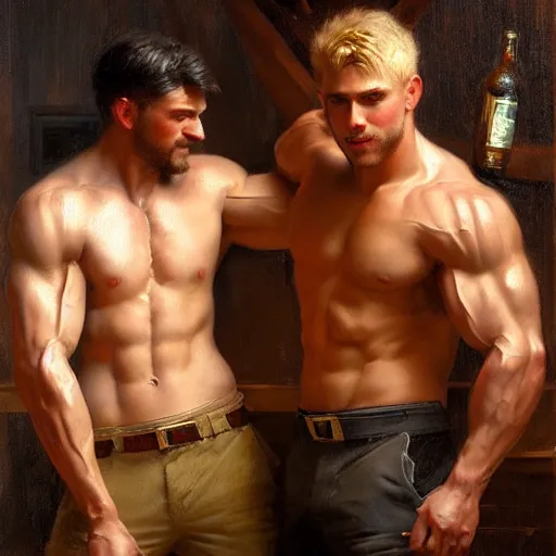 Prompt: attractive muscular male with brunet hair and attractive muscular male with blond hair. pants and shorts, drinking their hearts out, in a pub, close shot, very defined, highly detailed painting by gaston bussiere, j. c. leyendecker, craig mullins 8 k