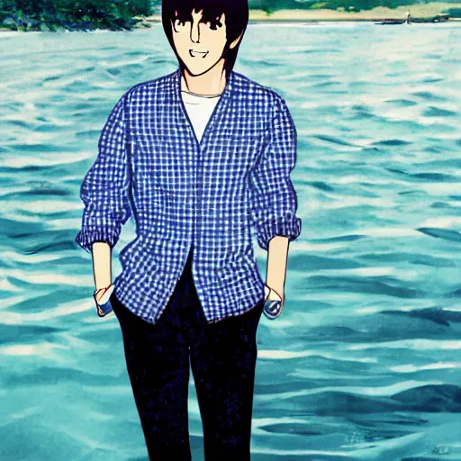 Image similar to anime illustration of young Paul McCartney from the Beatles, wearing a blue and white check shirt, on a yacht at sea, relaxing and smiling at camera, white clouds, ufotable