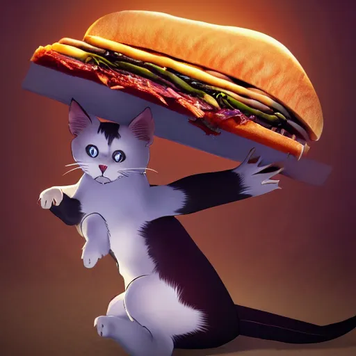 Image similar to feared cat running away from the giant carnivorous sandwich, artstation hq, dark phantasy, stylized, symmetry, modeled lighting, detailed, expressive, true unsimulated emotions, created by hayao miyazaki