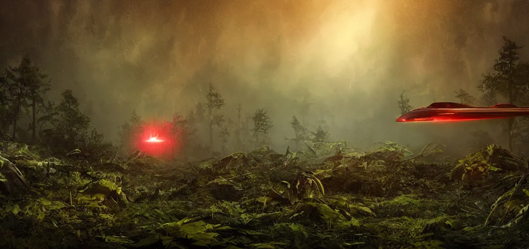 Prompt: cinematic, panorama, massive detailed spaceship crashed overgrown vegetation, boreal forest, raining with red lightning, sharp focus, wideshot ultrawide angle epic scale, dynamic dramatic dark moody lighting, shadows, cinematic atmosphere, artstation, hyperrealistic 3 d digital art, octane render, 8 k 4 k uhd image