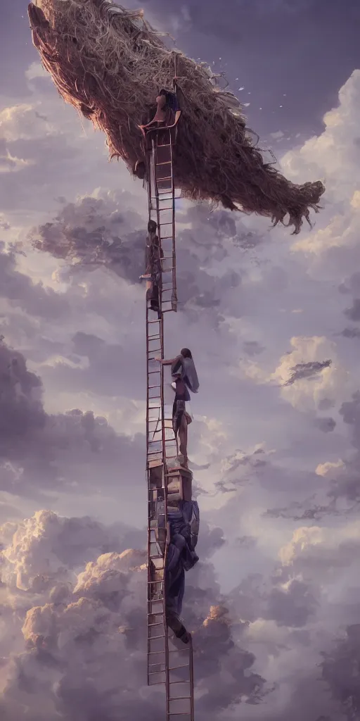 Prompt: intricate details of jacob dreaming about a ladder that stretched from earth to heaven with angels ascending and descending, hyper realistic, ultra detail, octane render, cinematic, vivid, vibrant, artstation