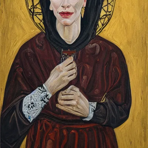 Prompt: a portrait painting of cate blanchett as a medieval saint, in the style of lucian freud