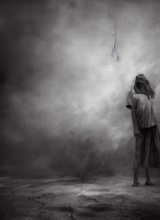 Prompt: The last selfie on earth, hyper realism, devastation, fear, sadness, tears, ominous background, smoke, fire storm, by Lee Jeffries
