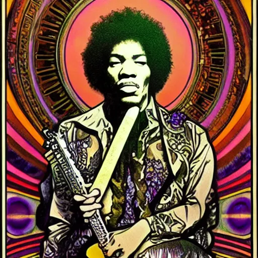 Prompt: jimi hendrix by alphonse mucha and moebius, psychadelic