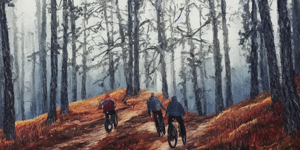 Prompt: Exactly two men biking alone up a steep forest hill. One with a deep dark blue sweater and the other with a wine red sweater. sweaty. Oil painting. Emotional. Trending on artstation. Steep. Nordic Trees. Rustic. Artistic.