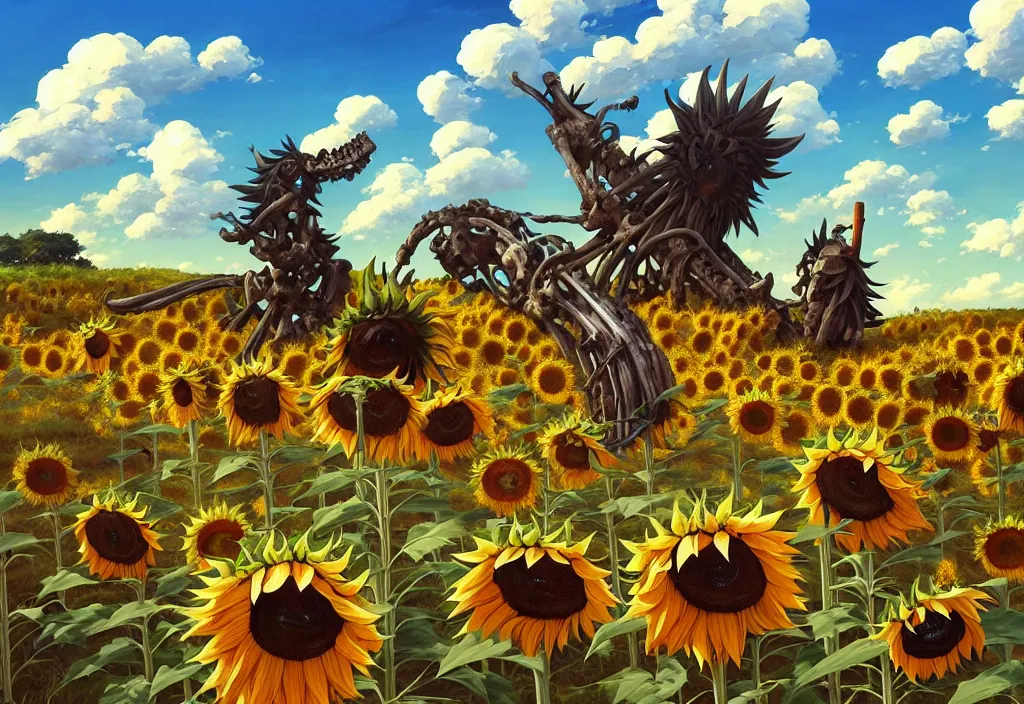 Prompt: giant animal bones in the countryside with sunflowers in the background, dramatic lighting, intricate oil painting, high detail illustration, sharp high detail, manga and anime 1 9 9 9, official fanart behance hd artstation by jesper ejsing and makoto shinkai, 4 k,